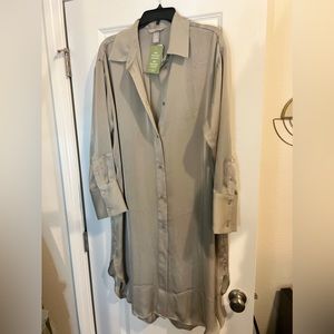 Gray satin shirt midi dress.